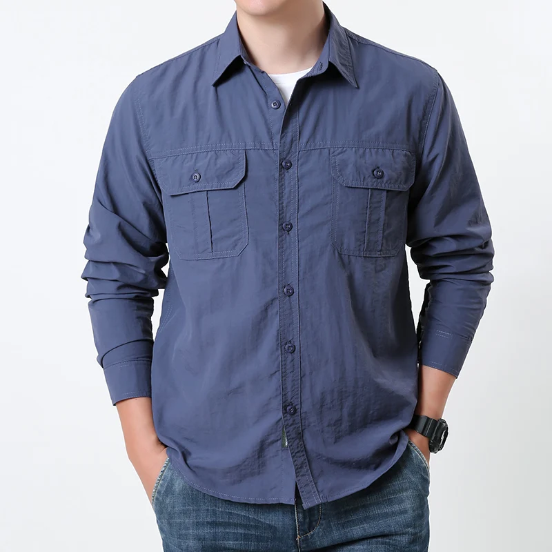 

Quick Dry Breathable Men's Button Up Shirt Protection Fishing Long Sleeve Casual Work Shirt with Chest Pockets for Outdoor