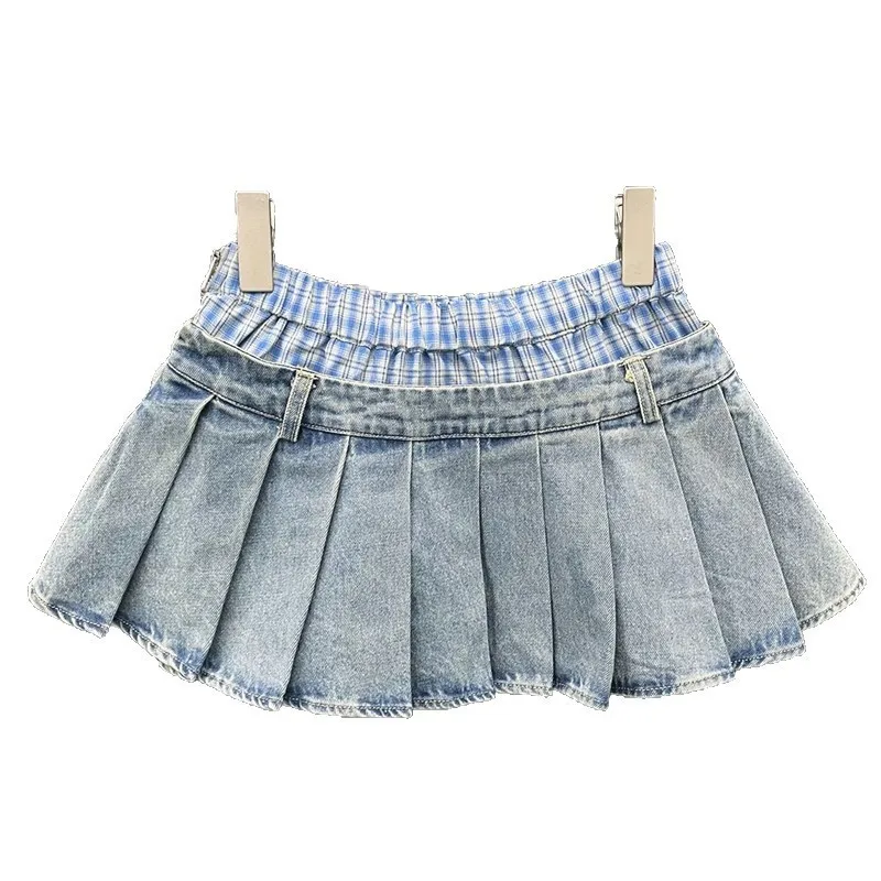 Lattice spliced plaid denim pleated skirt short women's fake two-piece A-line skirt zipper