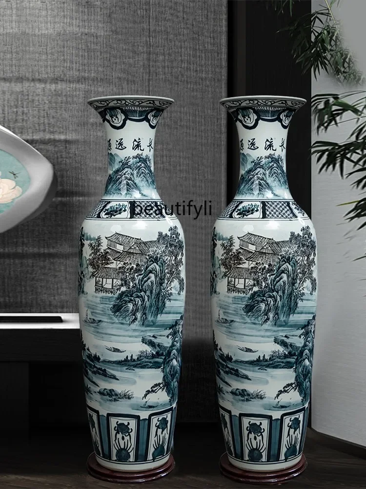 Jingdezhen Ceramic Blue and White Porcelain Floor Vase Living Room TV Cabinet Chinese Decoration Decoration