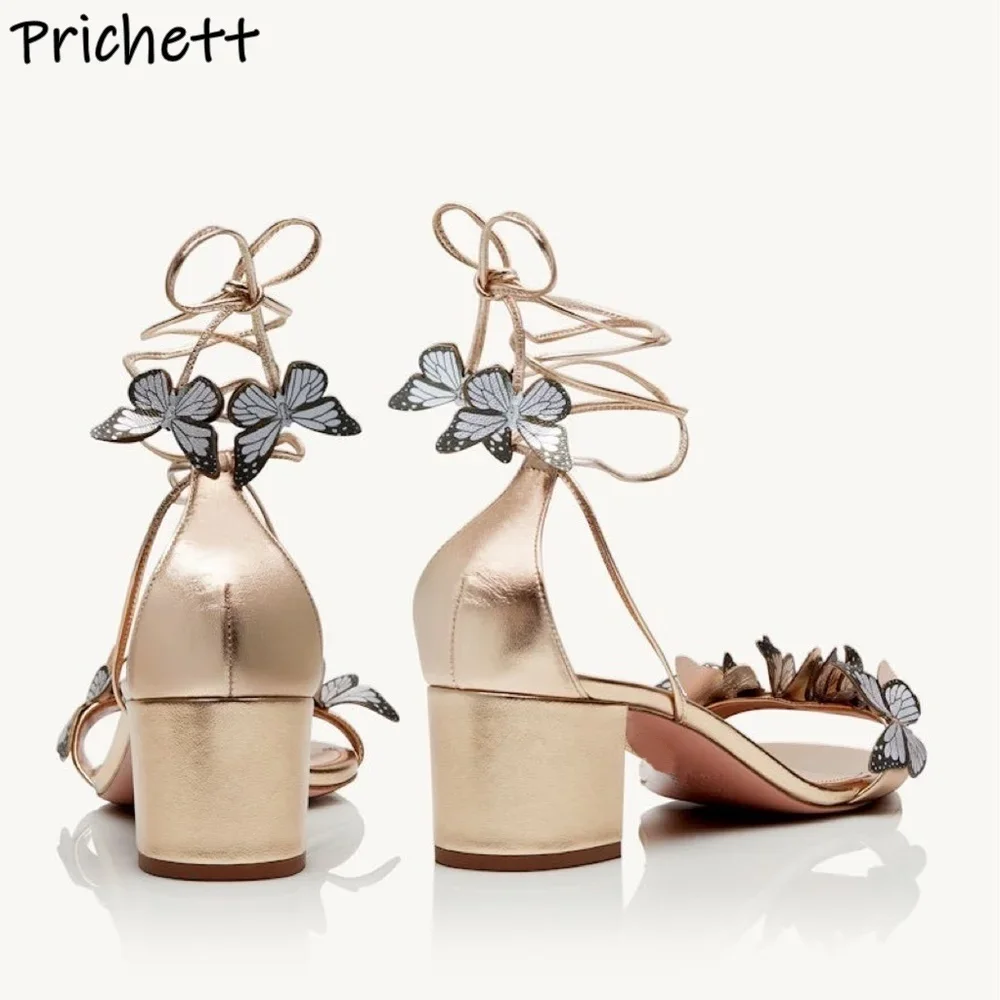 Butterfly Knot Ankle Band Sandals Gold Straight Strap Chunky Heels Slingback Leather Shoes Summer Leather Lace Up Shoes 2025