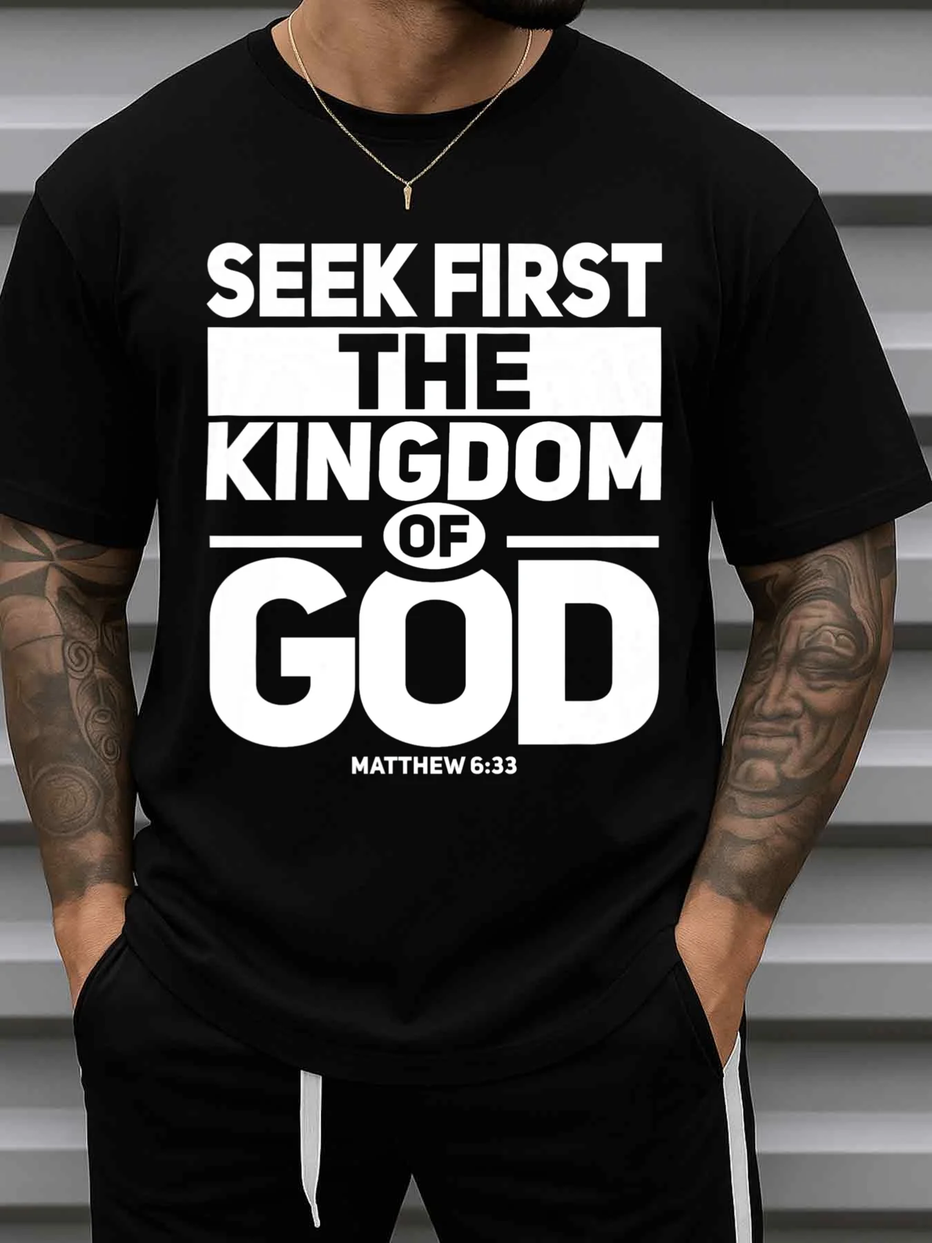 Men's 180g Pure Faith T-Shirt with the Biblical Verse Matthew 6:33 Printed on It - Casual Crew Neck Short-Sleeve Shirt Suitable for Everyday Wear and Religious Gifts