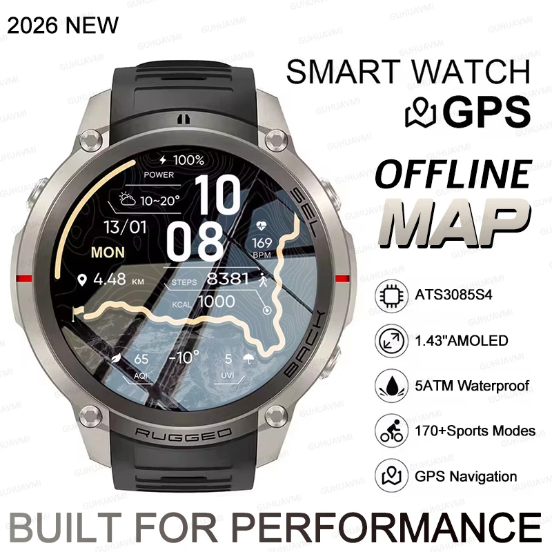 New Extreme Sports Military GPS Smart Watch 1.43" AMOLED Built-in Offline Map Compass Altimeter 5ATM Waterproof Swim Sport Watch