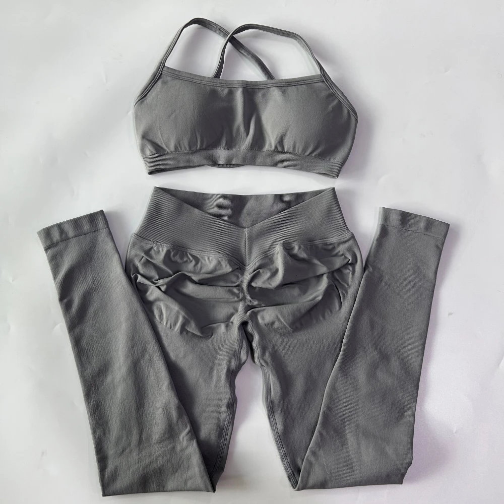 2-teiliges Gym-Set für Damen, Nahtlose Scrunch-Yoga-Leggings, Rückenfreier Sport-BH, Fitness-Workout-Top, Yoga-Set-Outfits – Detail 11