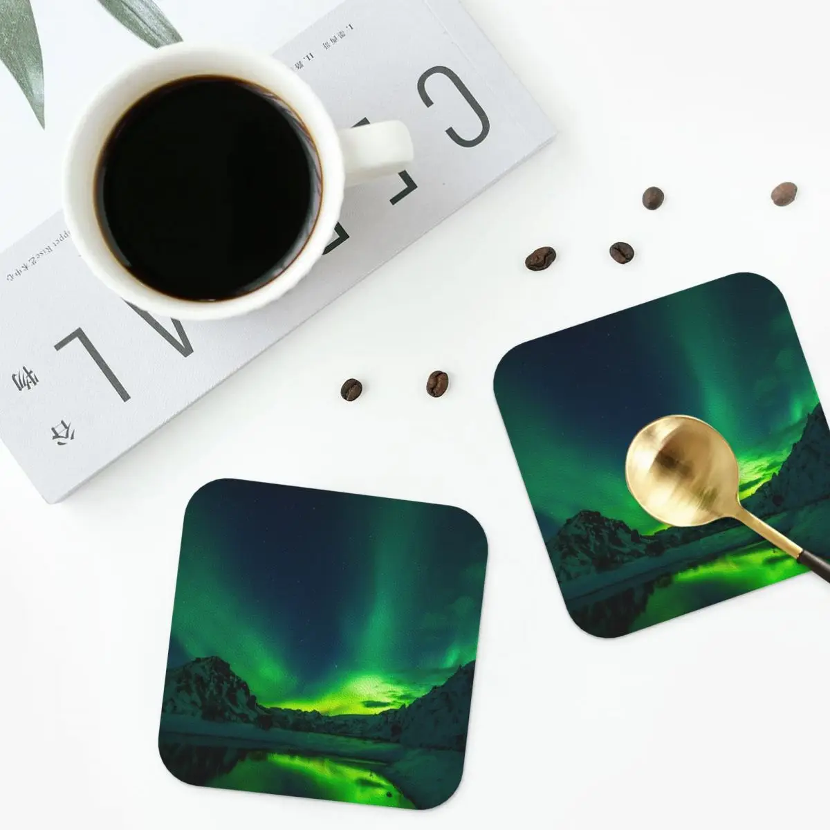 Iceland Aurora Borealis Northern Lights Coasters Kitchen Placemats Waterproof Insulation Cup Coffee Mats Tableware Pads Set of 4