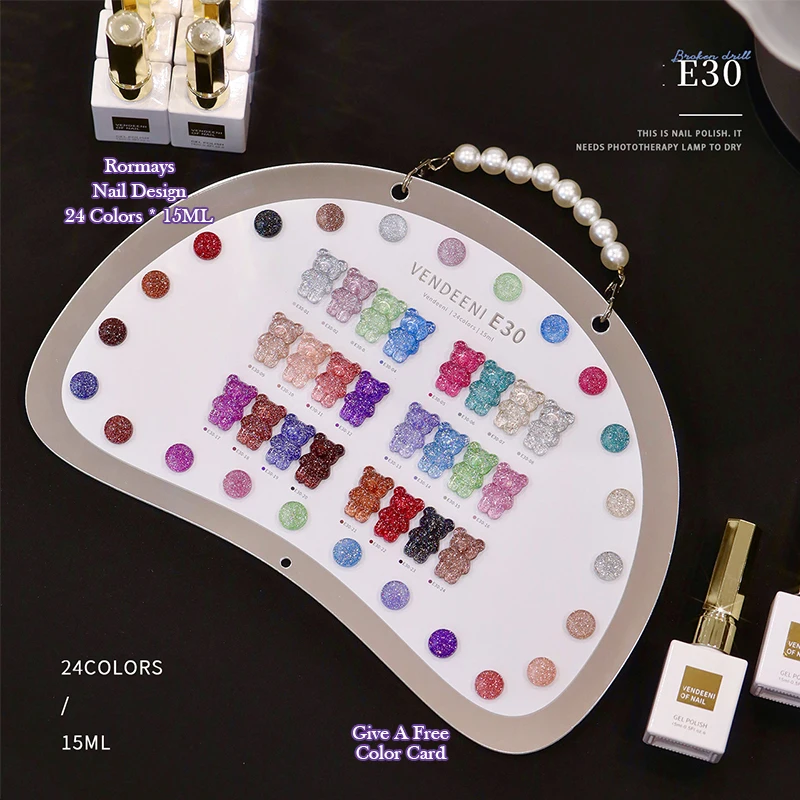 24 Colors Shiny Broken Drill Gel Nail Polish, 15ml Soak Off UV LED Sparkle Glitter Gel Varnish for Professional Nail Art Design