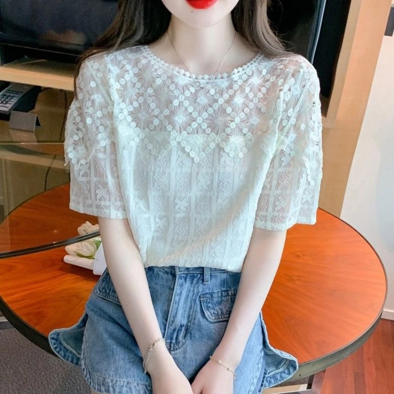 

2026 Summer New Hollow Out Crochet Lace Blouse Elegant Round Neck Short Sleeve Top for Women​