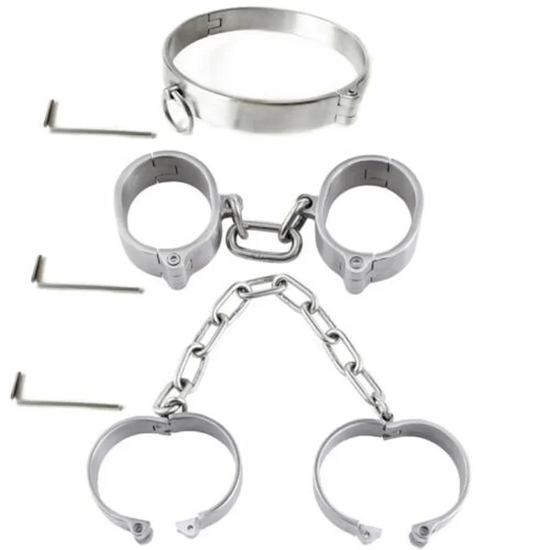 Conjunto de ataduras de esclavo de esposas de acero inoxidable, Collar de Bondage, puños de tobillo, Juguetes sexuales de sujeción de Bondage BDSM para mujeres, hombres y parejas