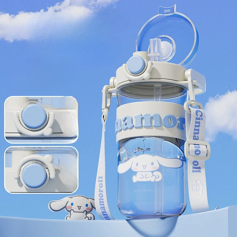 MINISO 475ML Kuromi Water Bottle With A Straw Transparent Tritan Cartoon My Melody Water Bottle Cute Cinnamoroll Crossbody Cup