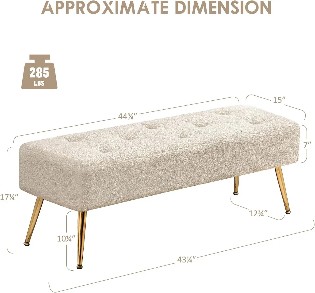 Banc ottoman moderne en fausse fourrure de 44 pouces avec cadre en métal doré pour entrée, salon, confort rembourré