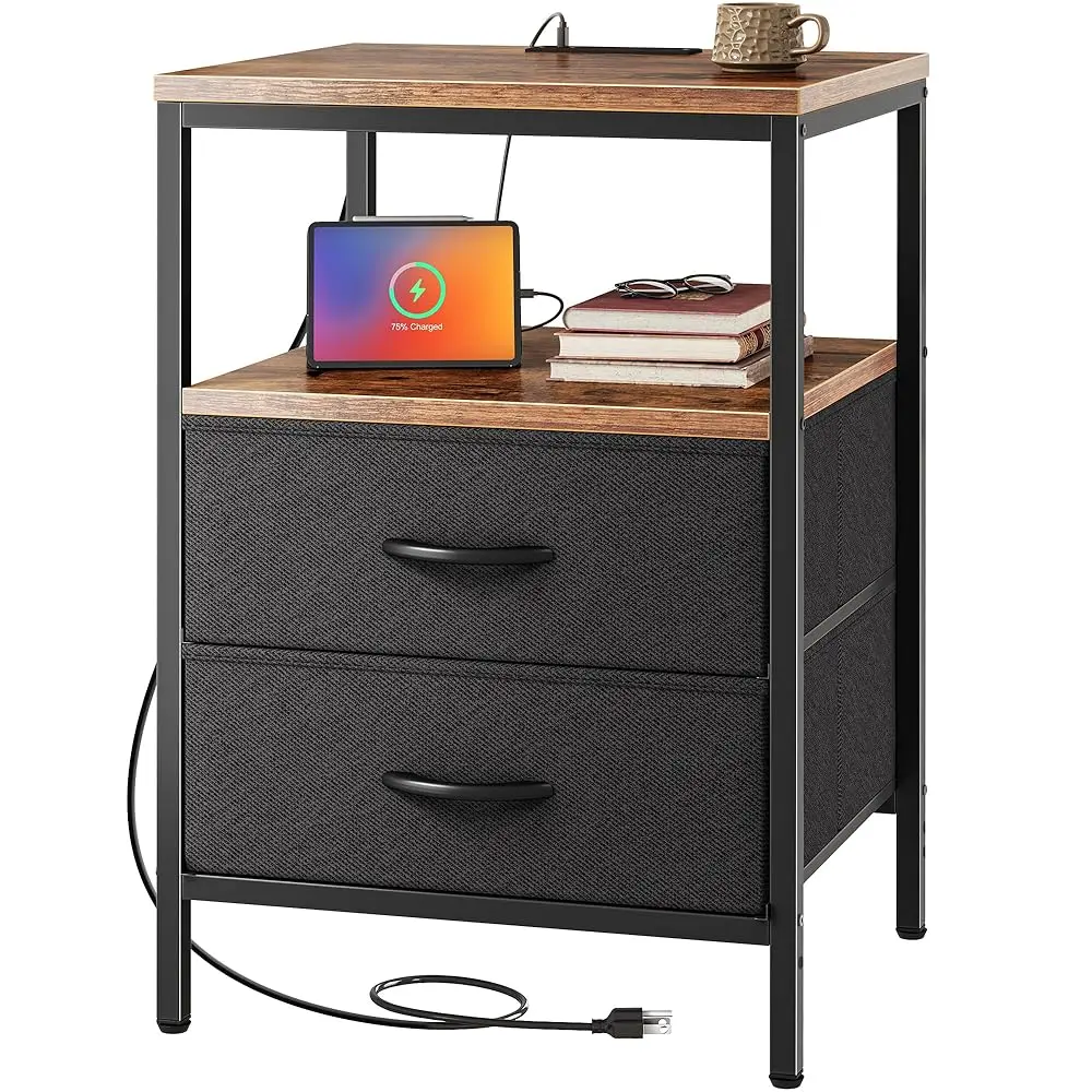

Night Stand With Charger Station, 27.7 H Tall Nightstand, Bed Side Table With 2 Fabric Drawers, Fabric Drawer Dresser For