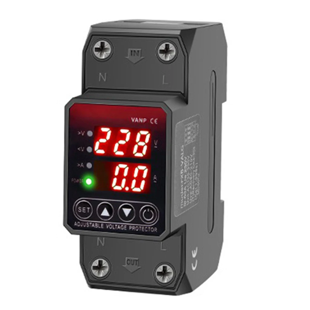 Over Under Voltage Protector Relay 63A 220V Digital Display DIN Rail Mount AC130-300V DC85-300V Automatic Recovery