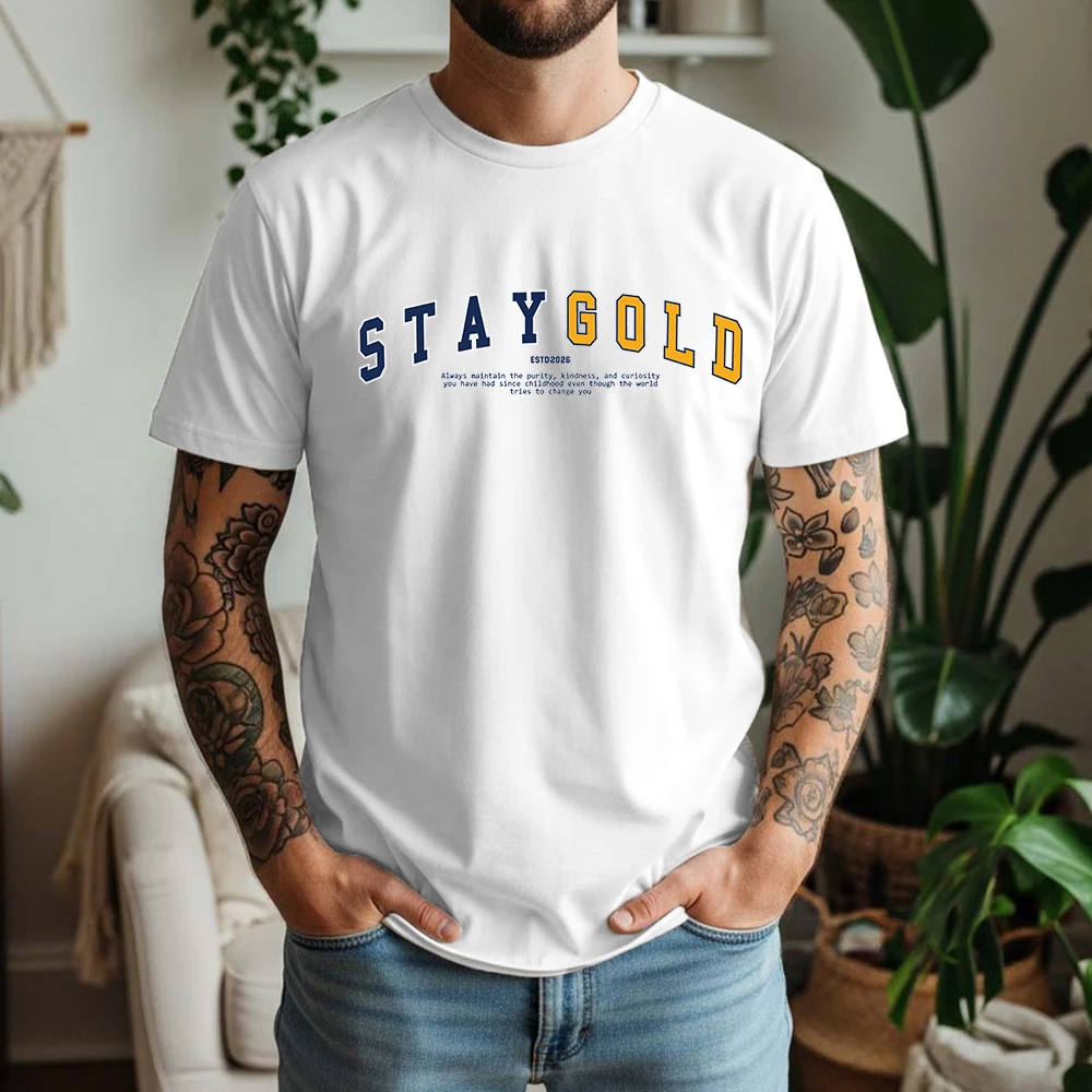 Mens 100% Cotton T Shirt Stay Gold Estd 2026 Varsity Letter Inspirational Print Breathable Short Sleeve Casual Daily Tee