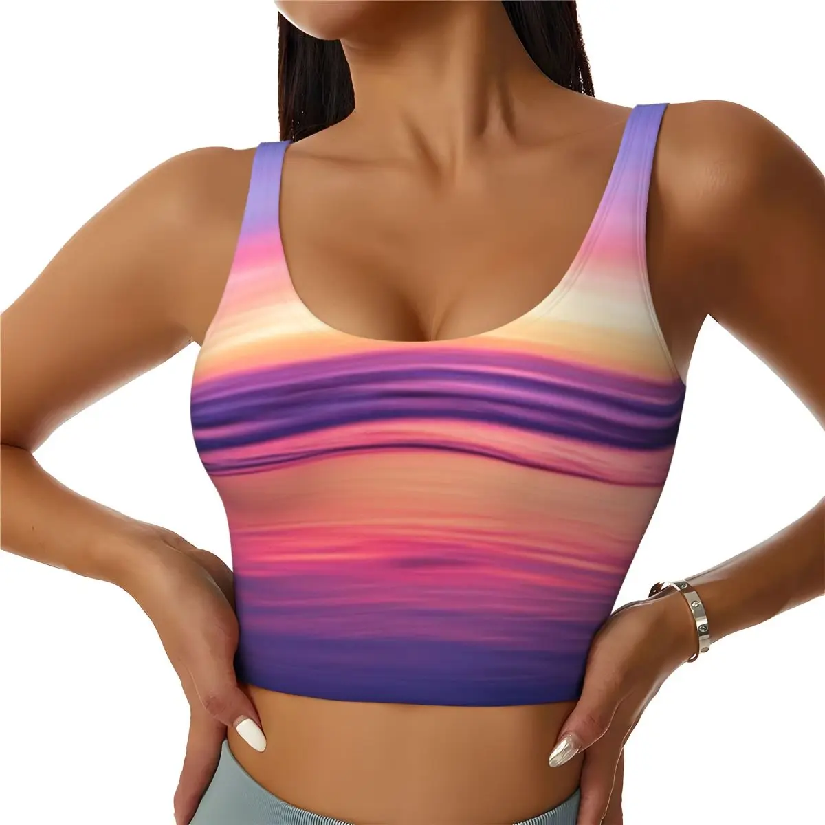 Hiit Training Top Abstract Ocean Beach Sunset Seascape In Pink Orange Purple And Blue Daily Workout Seamless Sports Top