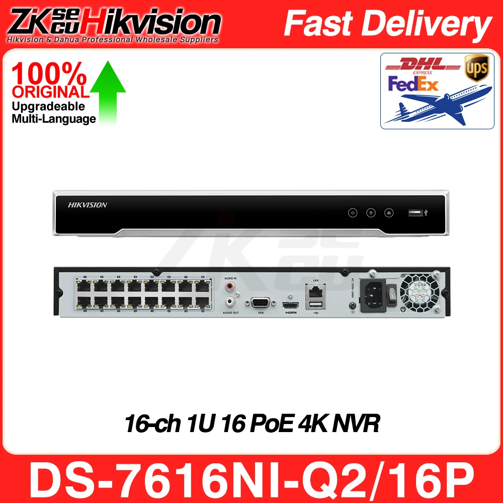 Hikvision Network Video Recorder DS-7616NI-Q2/16P 4K 1U 16CH 16POE NVR MD2.0 Security CCTV 2 SATA interfaces 8T/SATA MAX H.265+