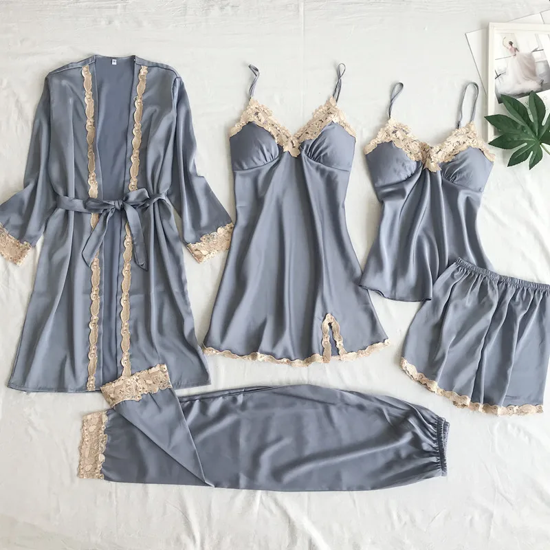 Simulated Silk Pajamas Sexy Underwear Five-piece Set Sling Sexy Ladies Home Clothes Pajamas Bath Five-piece Set Sleepwear