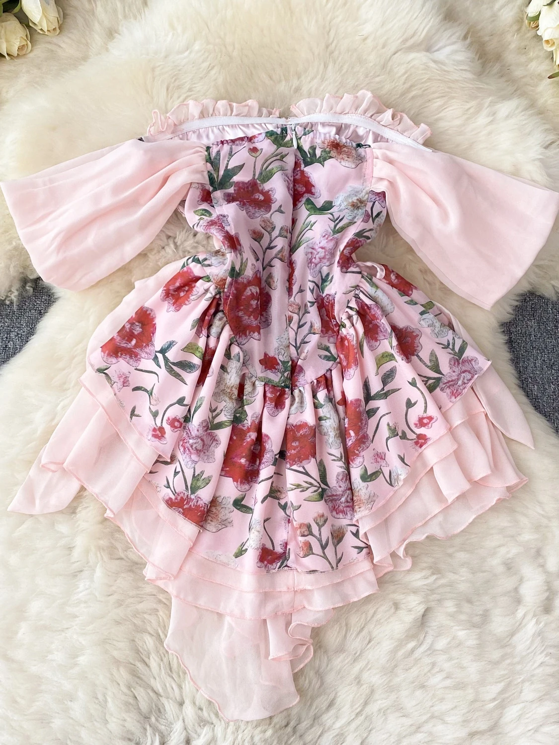 Pure Desire Vestido curto com babados e ombros de fora, design de verão, f, estilo doce, cintura alta, linha A, vestid...