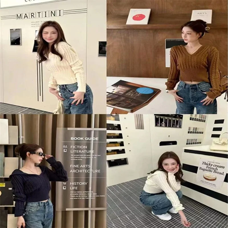 

YENKYE, новый осенний женский однотонный вязаный свитер с капюшоном, винтажный тонкий укороченный пуловер с длинными рукавами, серый, белый джемпер, топы