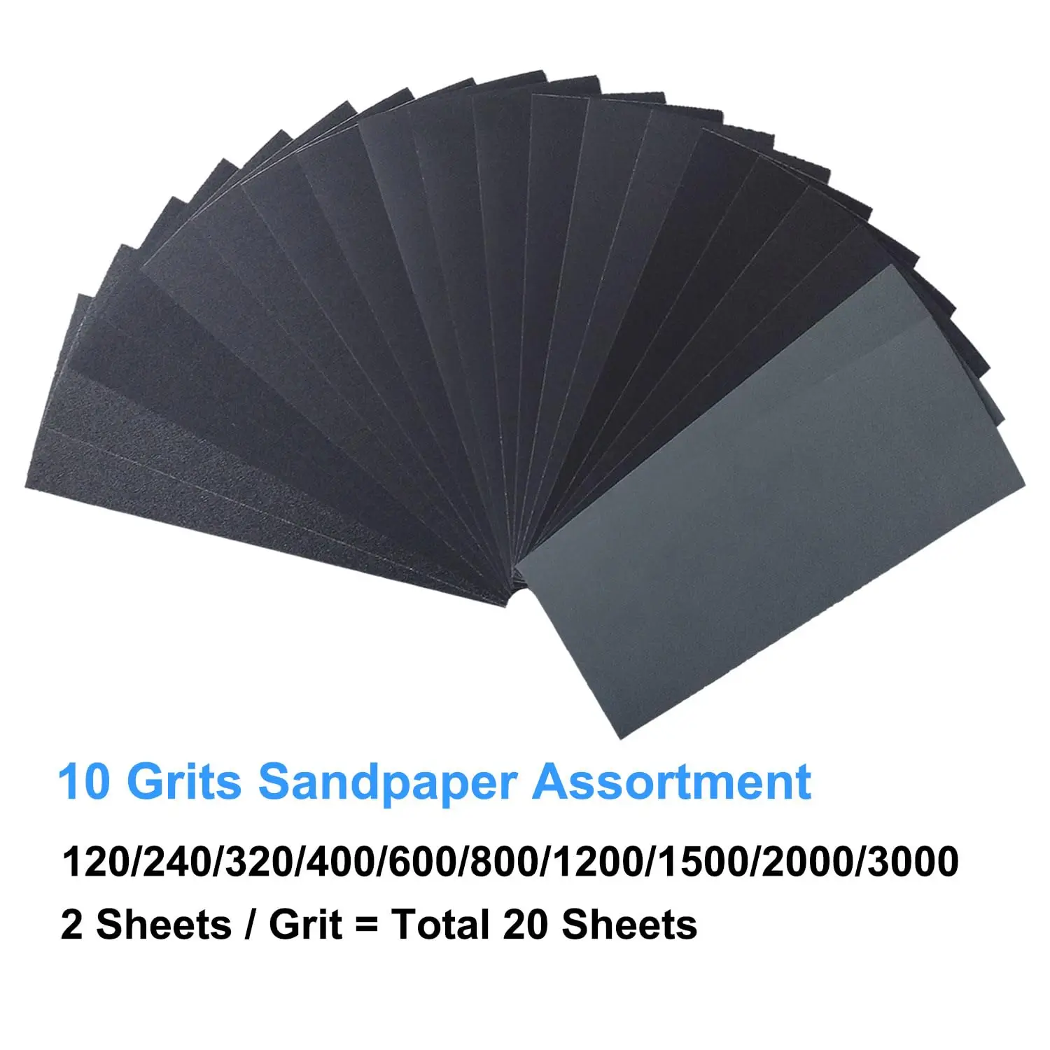 9 × 3.6 Inch Wet and Dry Sandpaper Variety Pack 20Pcs Assorted 120-3000 Grits for Wooden Furniture Metal Automotive Sanding