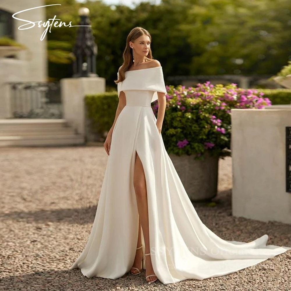 Suknie ślubne SSYTENS z odkrytymi ramionami, długie, satynowe, eleganckie, z rozcięciem z boku, w kształcie litery A, dla panny młodej, szyte na miarę, w stylu boho, Vestidos De Novia
