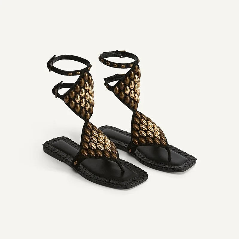 

Banyiyou New Flats Sandals Booties Summer Retro One-button Roman Sandalias Women's Bohemian Rivet Flip Flops Gladiator Sandal