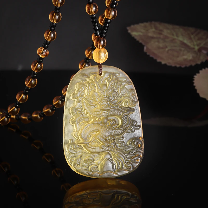 Vintage Yellow Crystal Frosted Stone Carved Dragon Pendant Square Necklace for Men and Women Fashionable Good Luck Jewelry Gifts