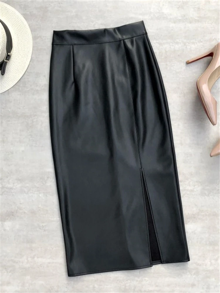 

Classic Black PU Faux Leather Women's Wrap Skirts 2023 New Autumn Winter High Waist Front Split Pencil Pencil Skirts Female