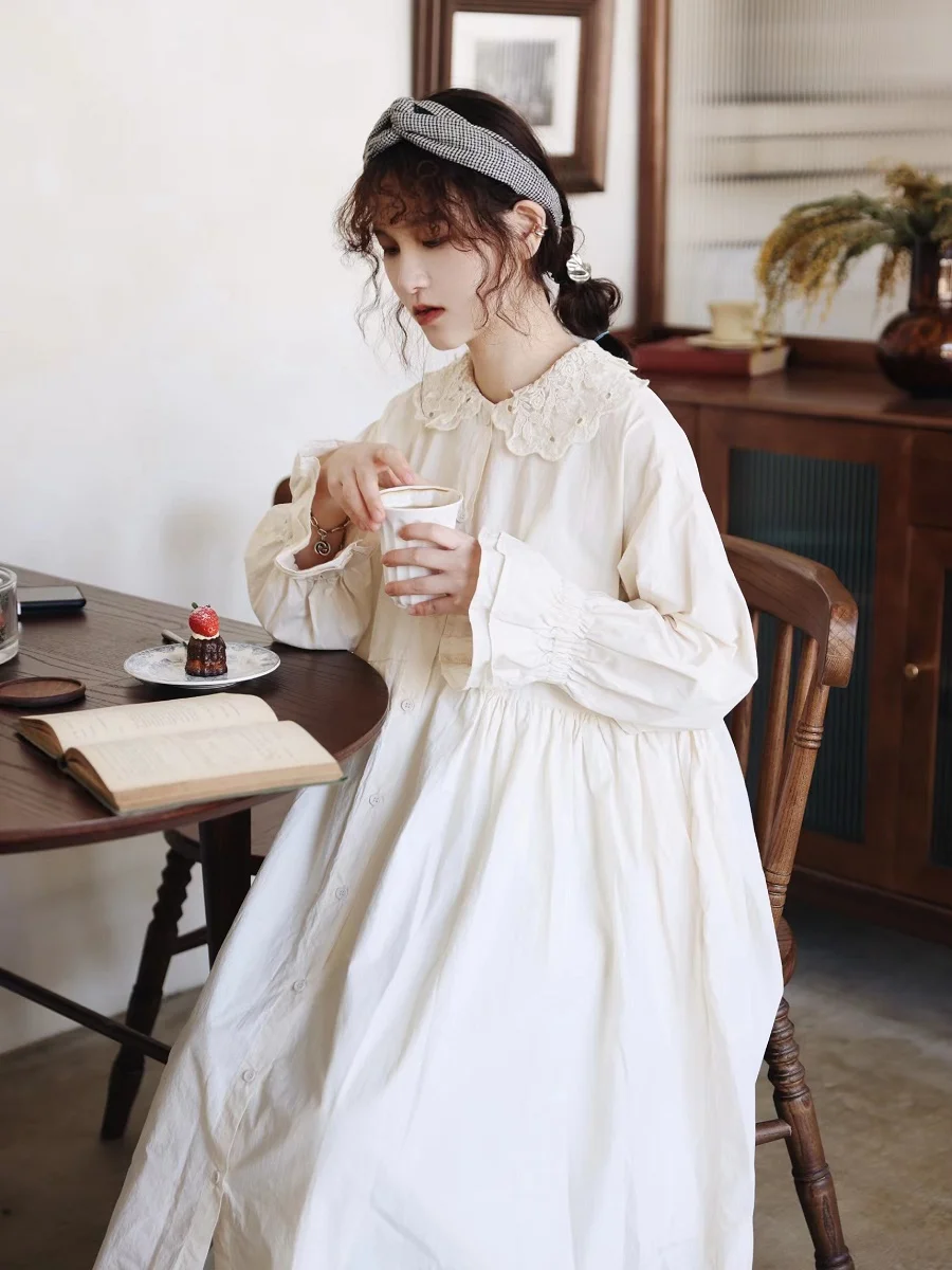 

Japanese Style Sweet Doll Collar Long Dress Ruffle Trimmed Forest Girl Artistic Retro Dress A-Line Skirt Pure Color Spring Dress