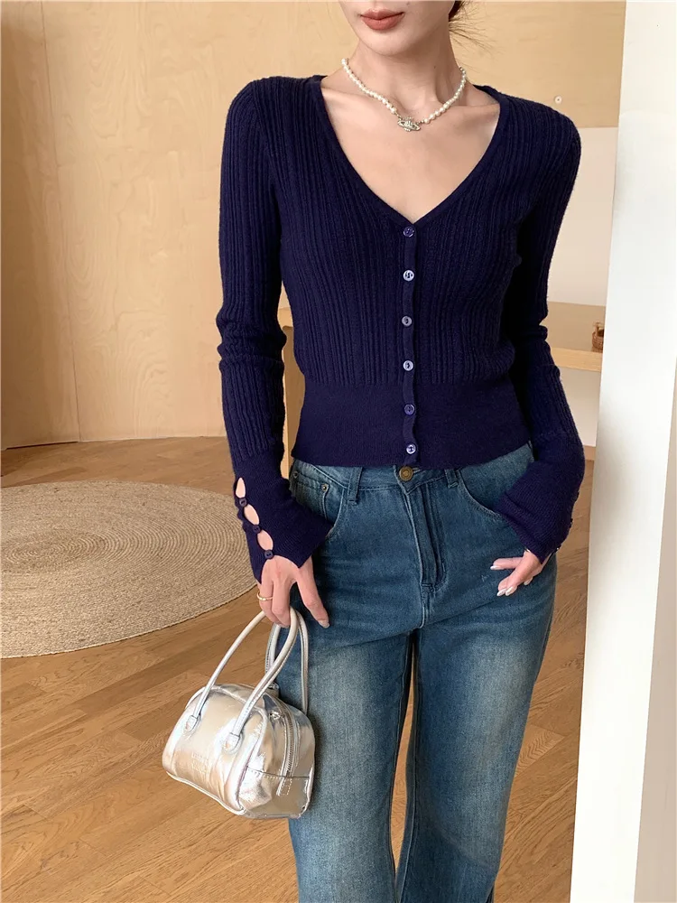 7860 Frühjahr Neue Pure Desire Sexy Einfarbig V-ausschnitt Jacquard Hohl Hohe Taille Kurze Strickjacke Jacke