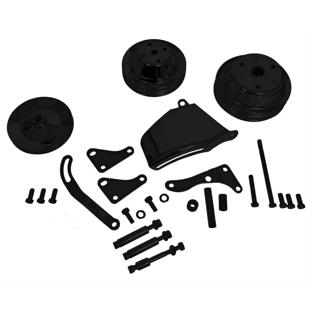 

Complete Black Steel V-Belt 2 Groove Long Water Pump Crank Pulleys with Alternator & Power Steering Brackets Kit Compatible with