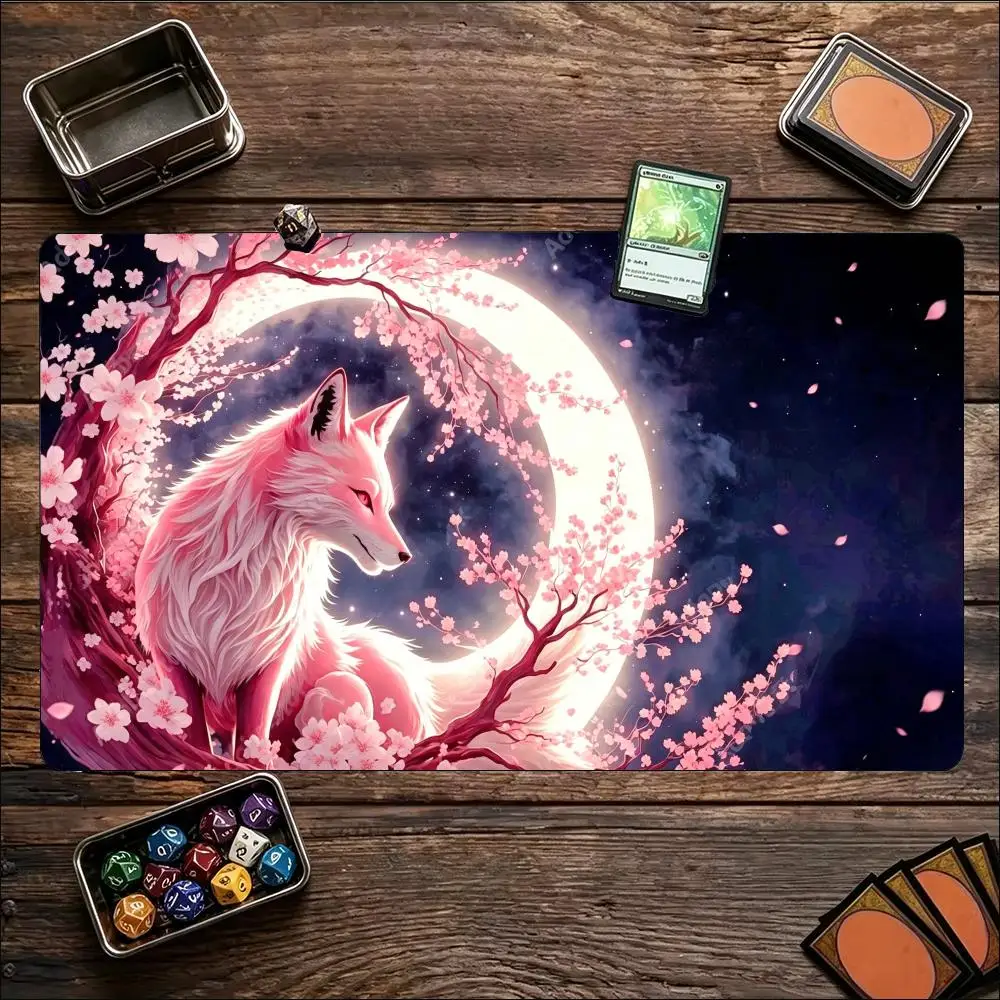 White Nine Tailed Fox Kitsune Cherry Blossom Forest Extended Gaming Pad Non Slip Rubber Base Keyboard Mat Desk Pad for Gamers