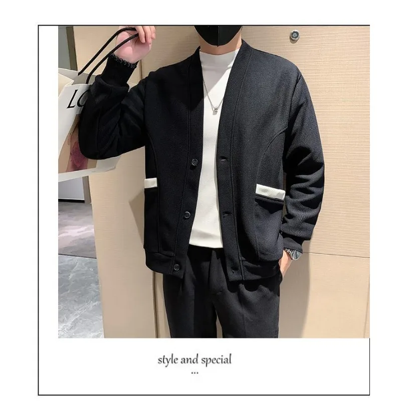 Autumn and Winter Solid Color Long-sleeved V-neck Cardigan Sweater Men's Knitted Fashion Casual Loose Jacket