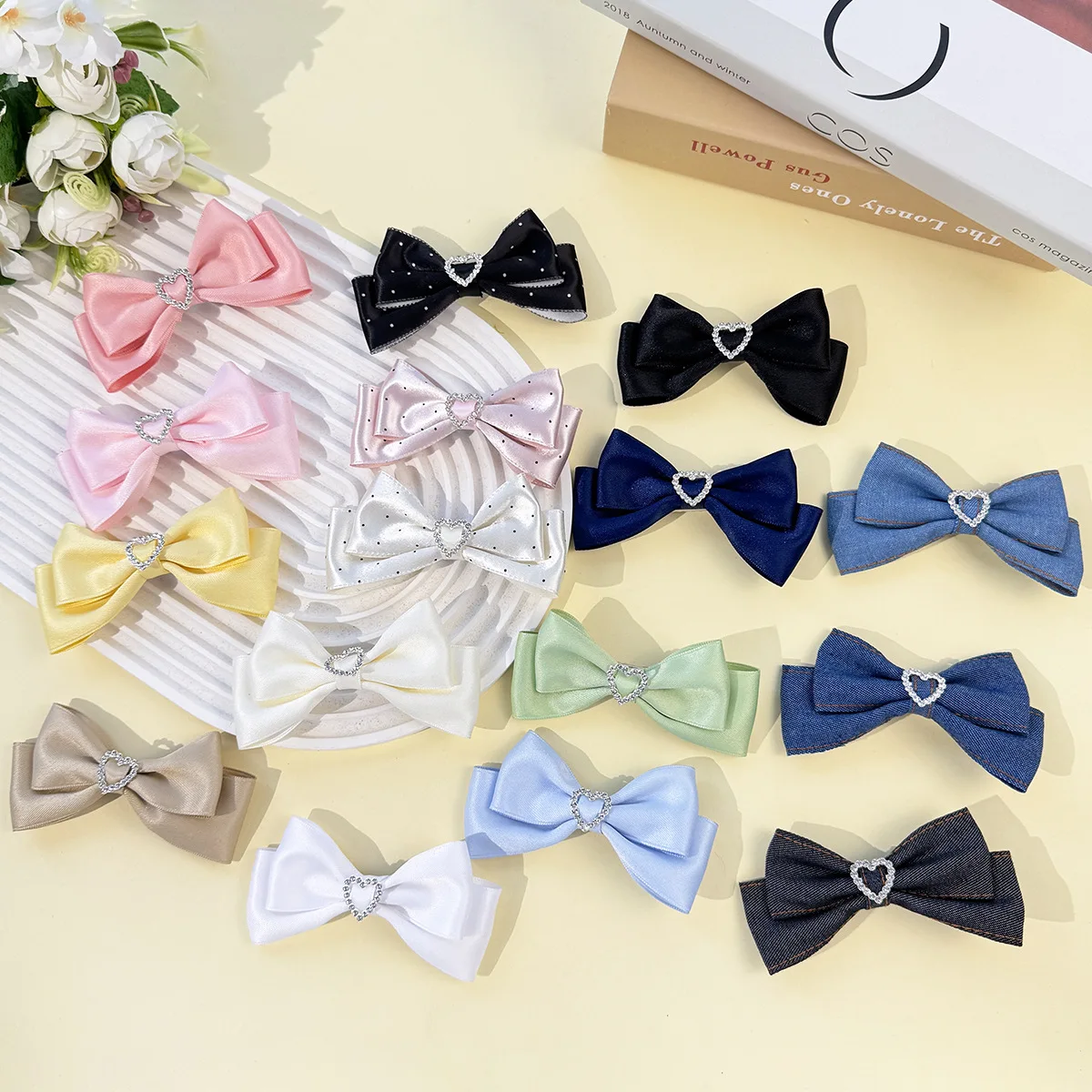 36pcs-solid-ribbon-bow-hair-clips-43-inch-with-rhinestone-heart-center-korean-fashion-ladies-barrettes-bulk-pack-for-women