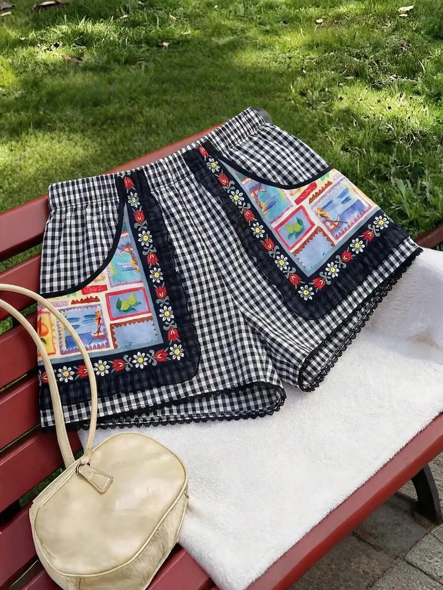 

Women Plaid Patchwork Floral Print Shorts Casual Boxer Style