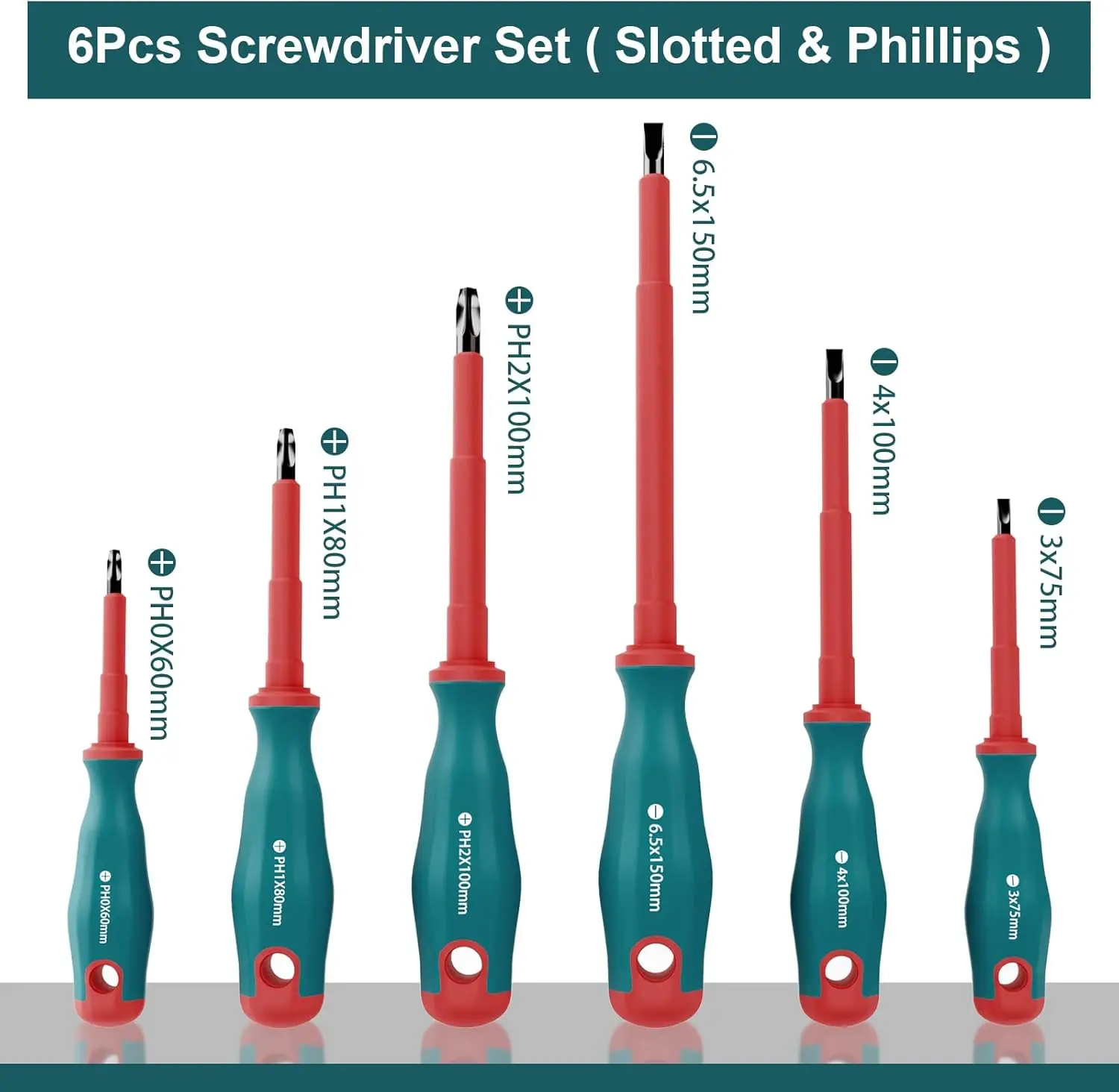 طقم مفكات براغي مكون من 6 قطع طرف مغناطيسي مع منظم - 3 فيليبس و3 مشقوق، أطراف فولاذية CRV، طقم مفك براغي معزول للكهربائي #2