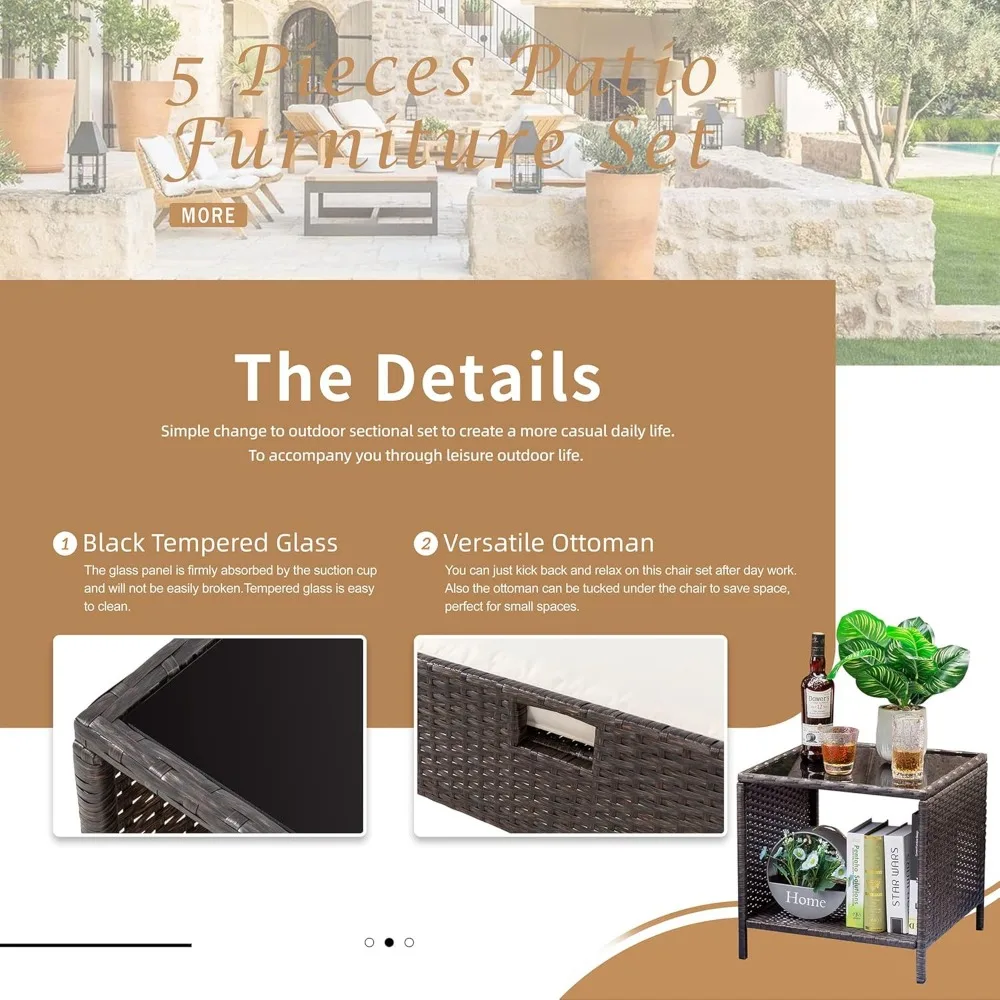 Mobiliário de vime ao ar livre Pátio Set,All Weather PE Rattan Conversa Set com Almofada, Lounge Chairs, 5 pcs