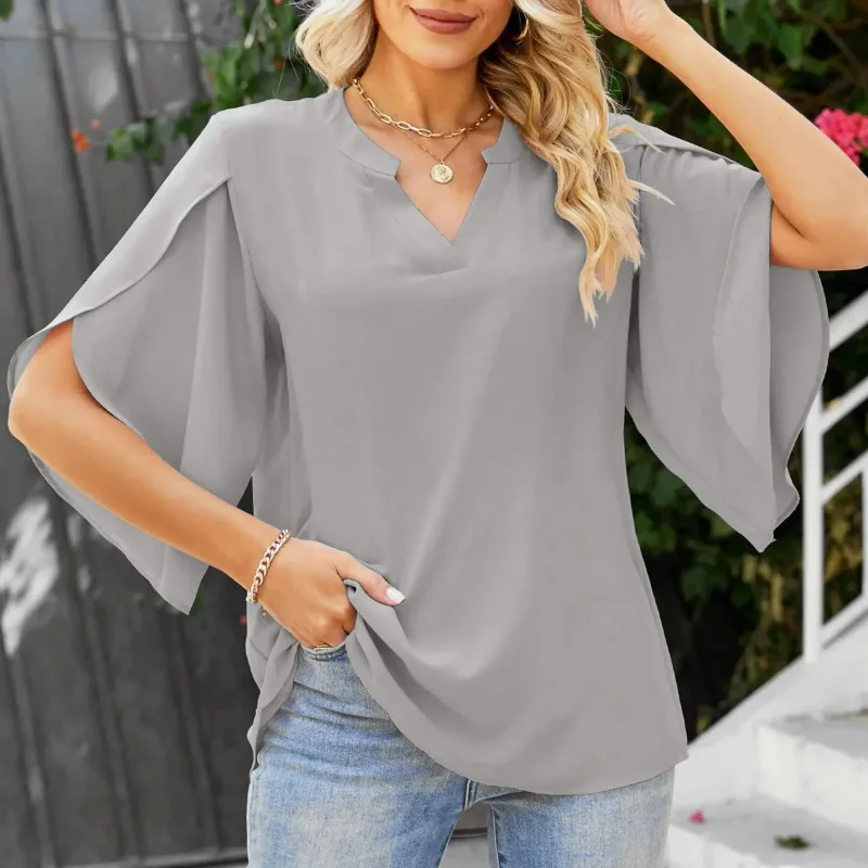 

Loose V-neck Leisure Shirt 2025 Summer New Style Fashionable Petal Sleeve Tops