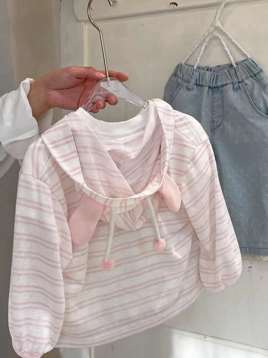 Girls Summer Sun Protection Jacket New Fashion Kids Korean Style Striped Hooded Cardigan Thin Air Conditioning Shirt