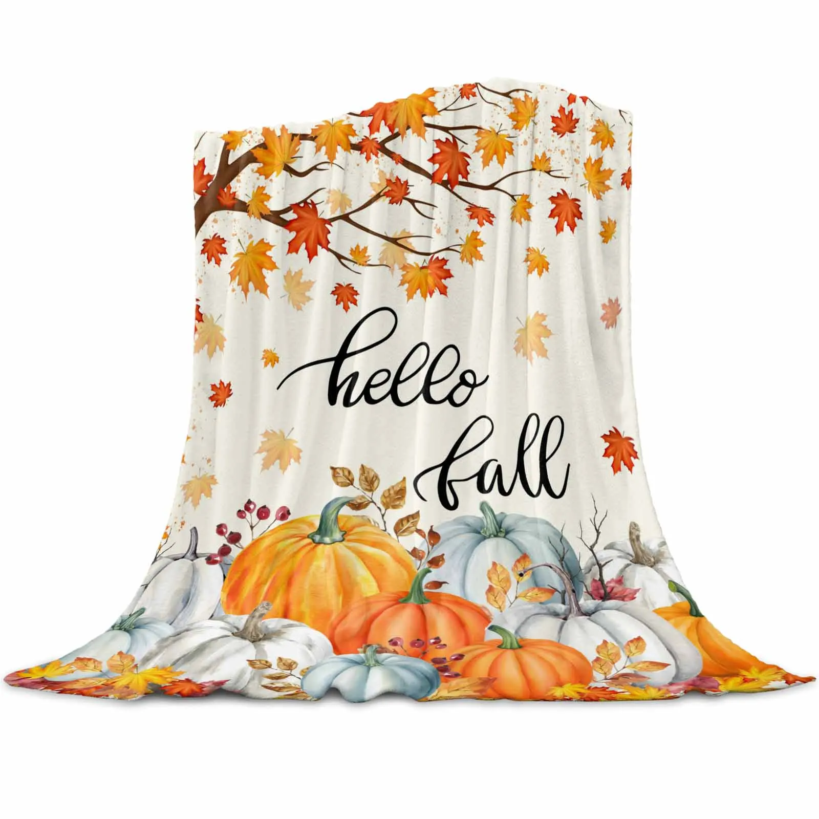 

Orange White Pumpkin Maple Leaf Throws Blankets for Sofa Bed Winter Soft Plush Warm Sofa Throw Blanket Holiday Gifts