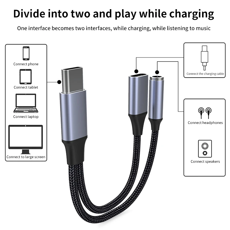 2in1 USB C to AUX 3.5mm Audio Cable PD60W Fast Charging Cable Type C to 3.5mm Aux Cable for Xiaomi Redmi Huawei Samsung Earphone