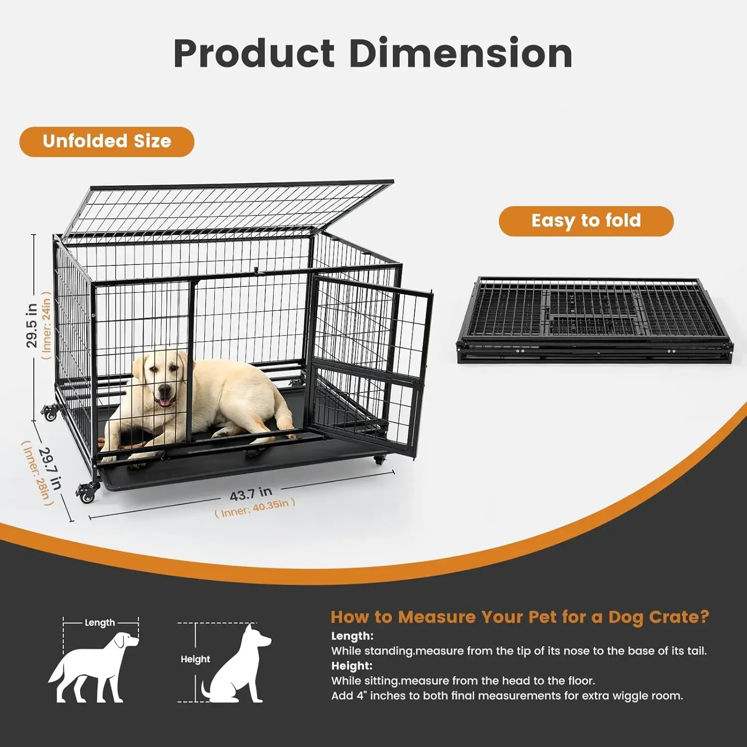 

Экологичная, сверхпрочная, 43-дюймовая складная металлическая клетка для собак на колесах, для маленьких, средних и крупных пород, неразрушимая.