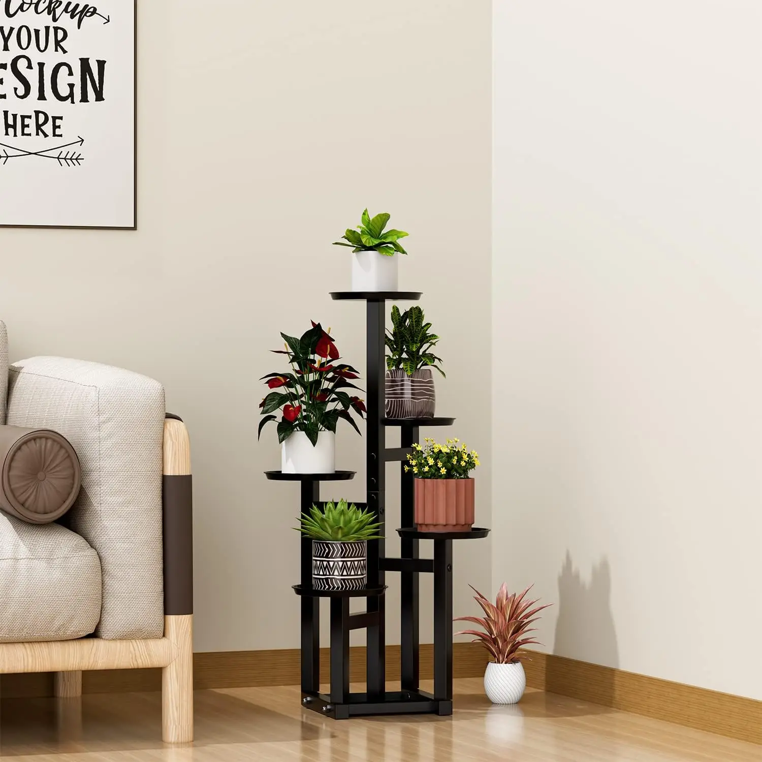 POTEY-Soporte de Metal de 5 niveles para plantas, estante alto de esquina para múltiples plantas, estante negro para Patio de casa al aire libre L