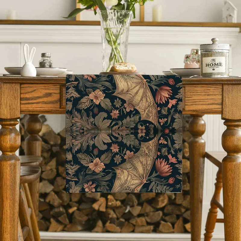 VIKAMA Vintage Gothic Bat Floral Table Runner, Linen Washable Table Scarf Dark Botanical Halloween Dining Decor