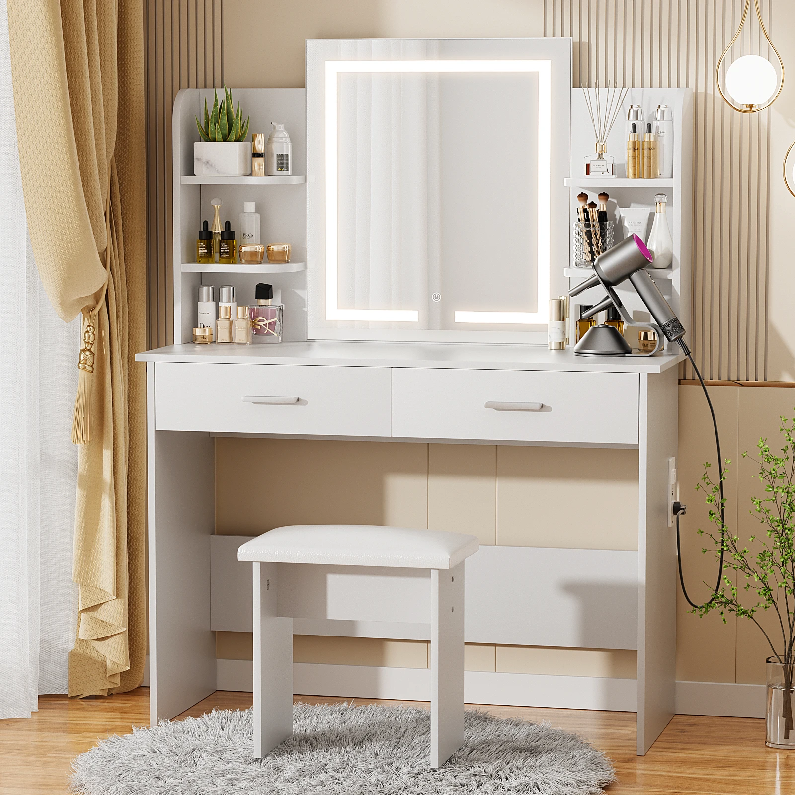 Vanity Desk with Lighted Mirror - Makeup Vanity Table with 3 Color Light Options Adjustable Brightness