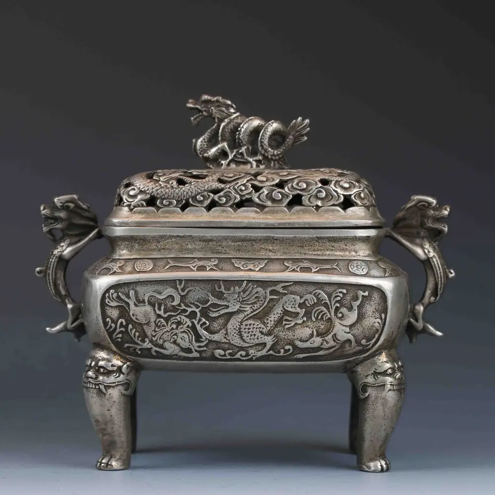 

Chinese Tibetan Silver Hand-Carved Dragon Incense Burner&lid Xuande Mark