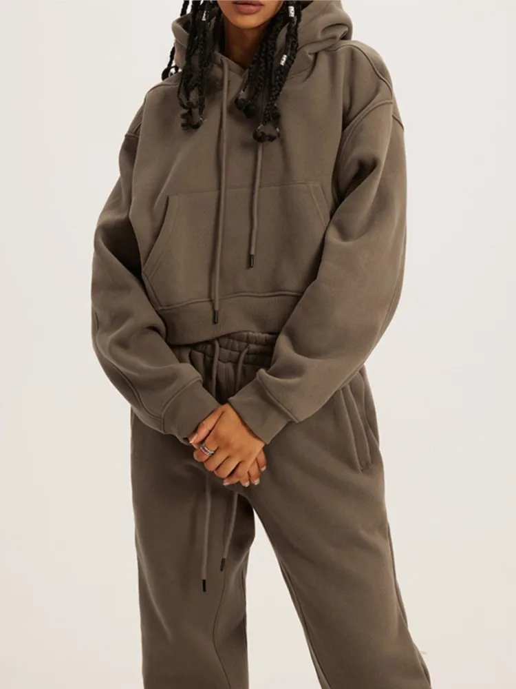 

Women's Casual Loose Solid Hoodie Two Piece Sets Long Sleeve Hooded Tops Lace-up Pants Outfits Female Autumn Winter Fashion Suit