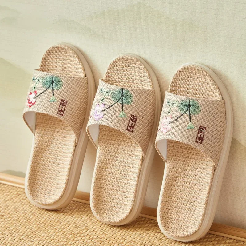 Flax Slippers Women's Open Cotton and Linen Thick-Soled Embroidery Comfortable Deodorant Feet Couple Floor Home Slippers image 6