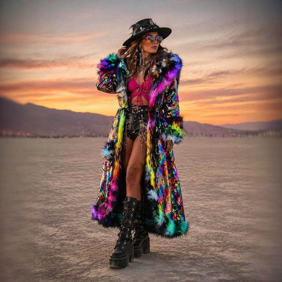 New Led Jacket Faux Fur Long Coat Sequins Hooded Fluffy Warm Winter Patchwork Costume Stage Dance Party Cosplay Outerwear