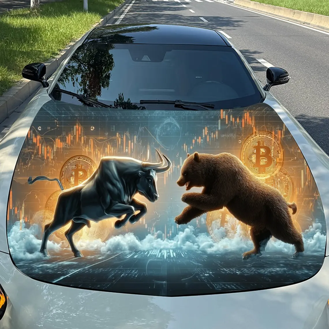 Digital Finance Bull and Bear Domination Car Vinyl Wrap, PVC Material Waterproof Car Hood Sticker, Self-Adhesive Scratch-Resista