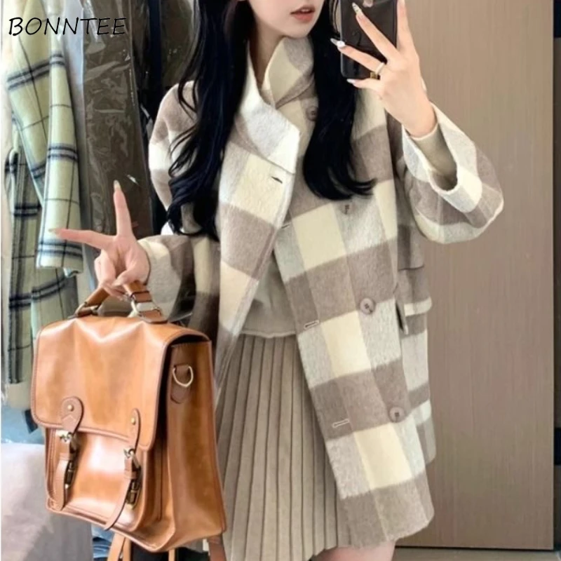 

Wool Coat Women Plaid Keep Warm Autumn Winter Baggy Double Breasted Design Vintage Pockets Fashion Harajuku Korean Style Tender