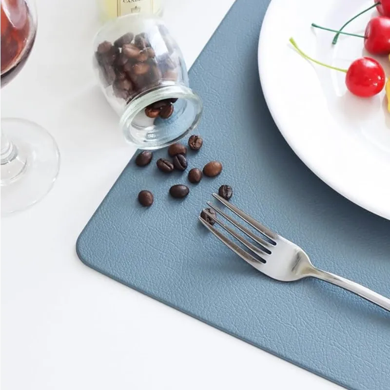 Nordic Style Blue Faux Leather Placemats Set - Rectangular Oil-proof Home Decor 1/4/6PCS for Hotel Restaurant Western Dinining